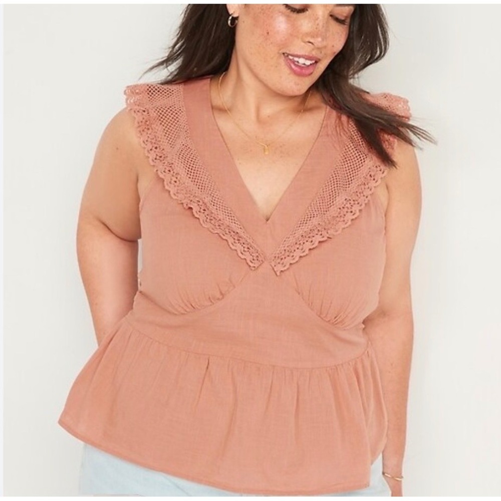 Old Navy Salmon Peplum Top Women‎ 3X Lace Trim Flutter Sleeve Boho Cotton Blouse